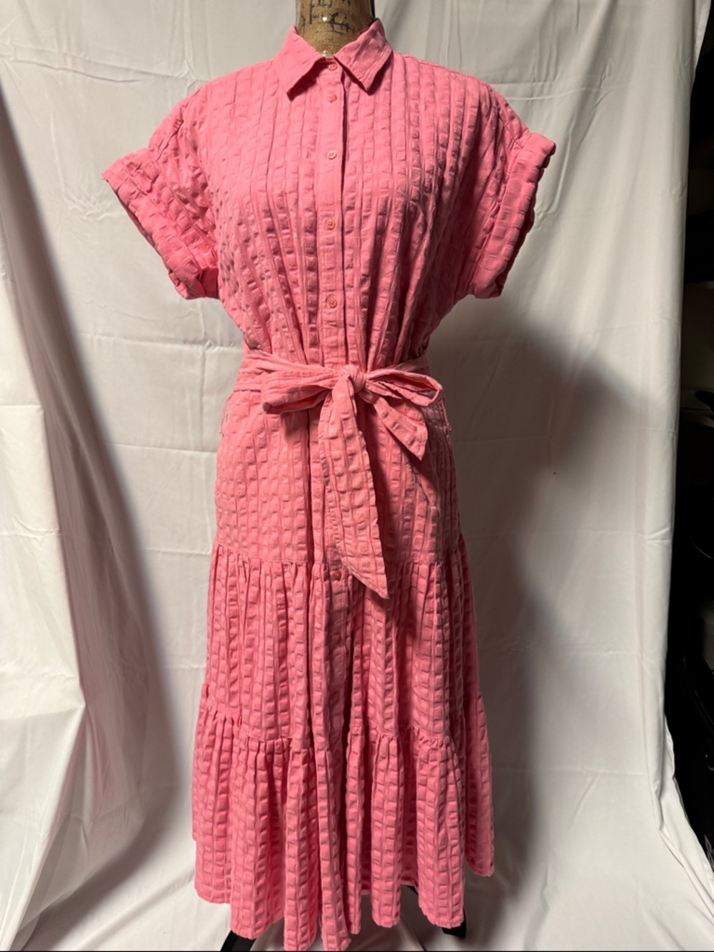 Lauren Ralph Lauren Pink Textured Button-Front Tie-Waist Maxi Dress